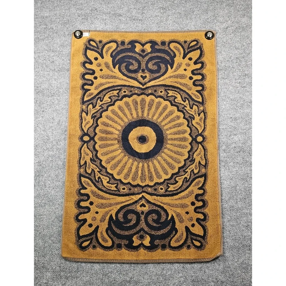 Fieldcrest Vtg MCM Hand Towel & Bath Towel Set Gold & Navy Fringe Medallion USA